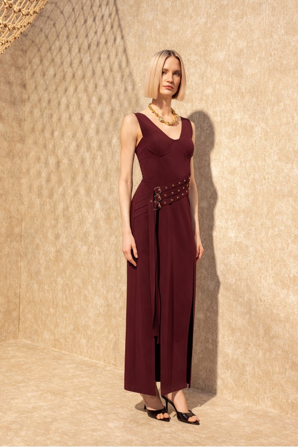 Kemer Detaylı Midi Elbise Bordo