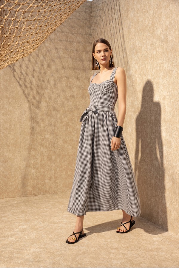 Desenli Uzun Elbise Si̇yah/Beyaz