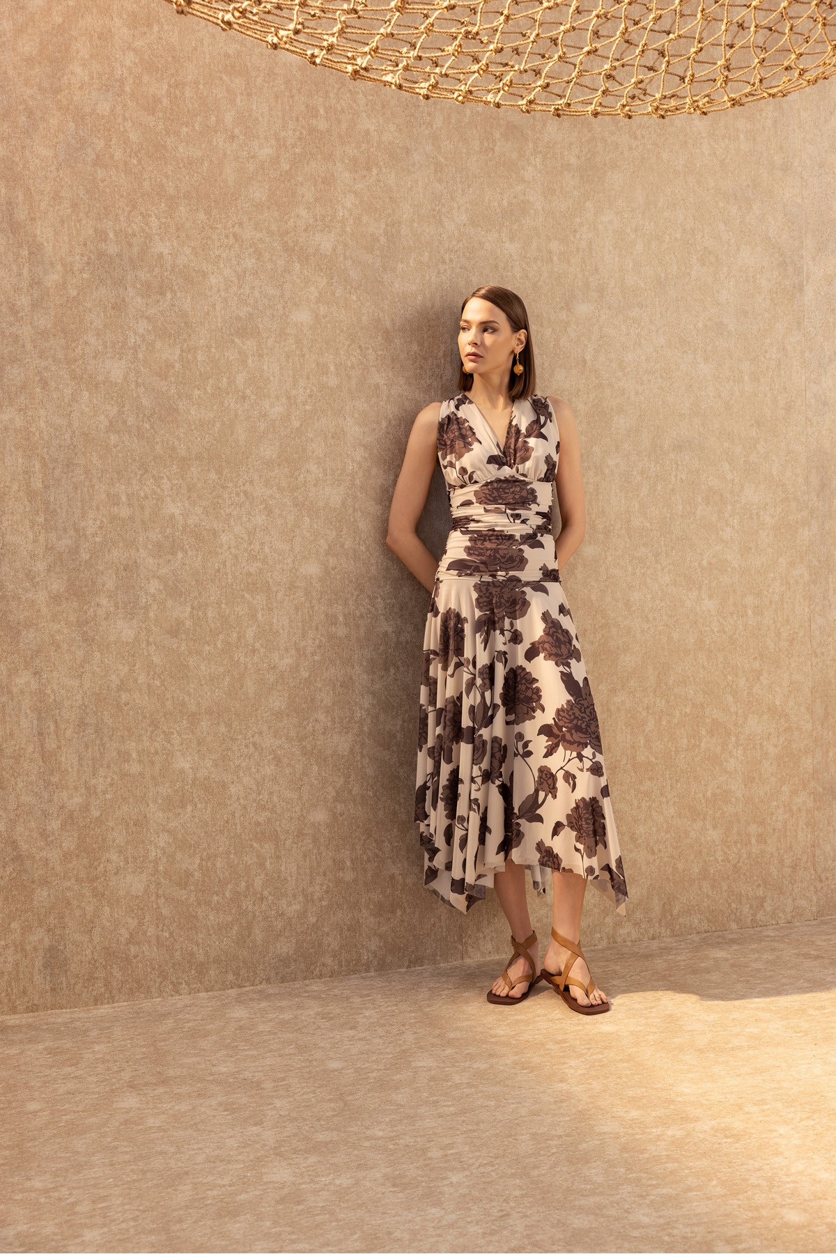 Desenli Tül Elbise Kahve