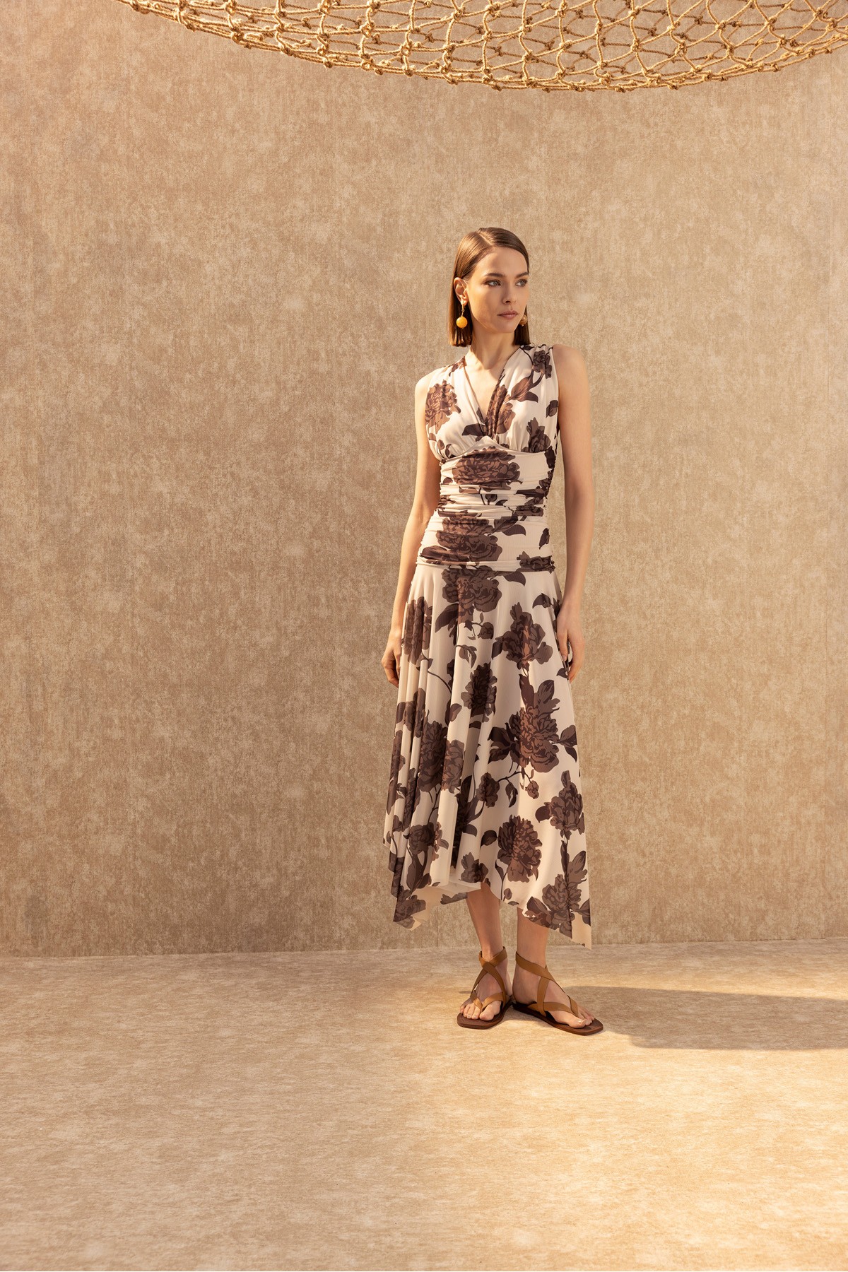 Desenli Tül Elbise Kahve