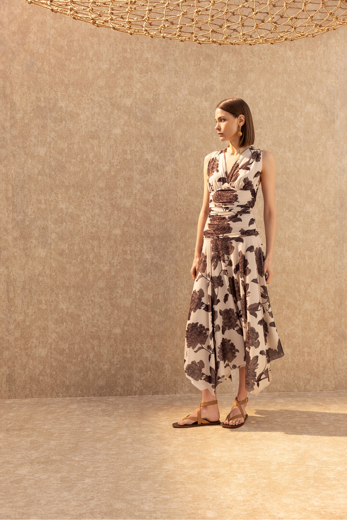 Desenli Tül Elbise Kahve