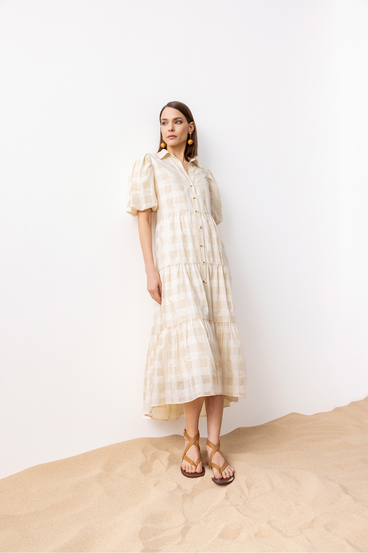 Uzun Gömlek Elbise Bej