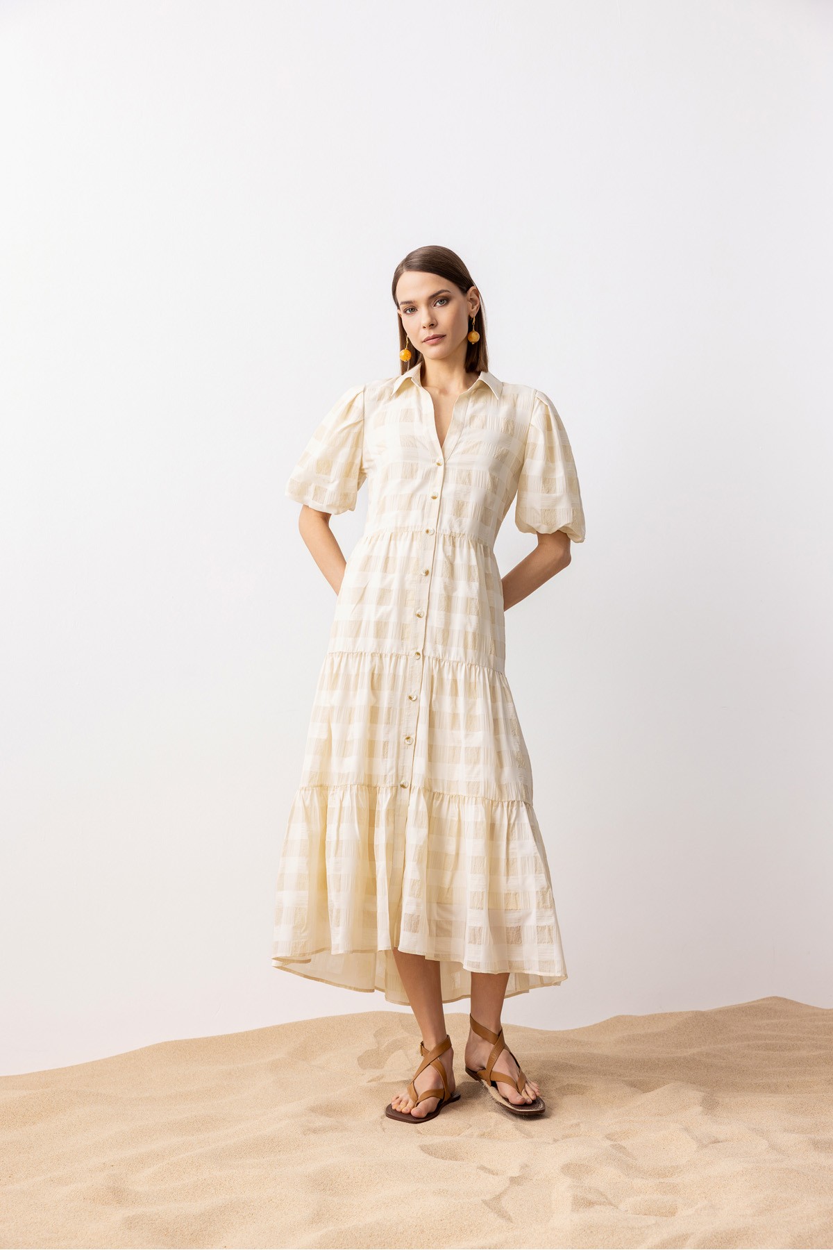 Uzun Gömlek Elbise Bej