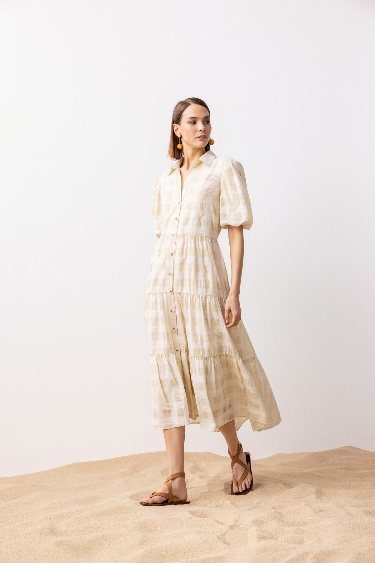 Uzun Gömlek Elbise Bej