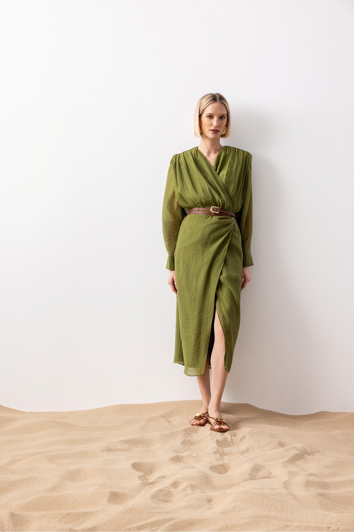 Kruvaze Midi Elbise Haki̇