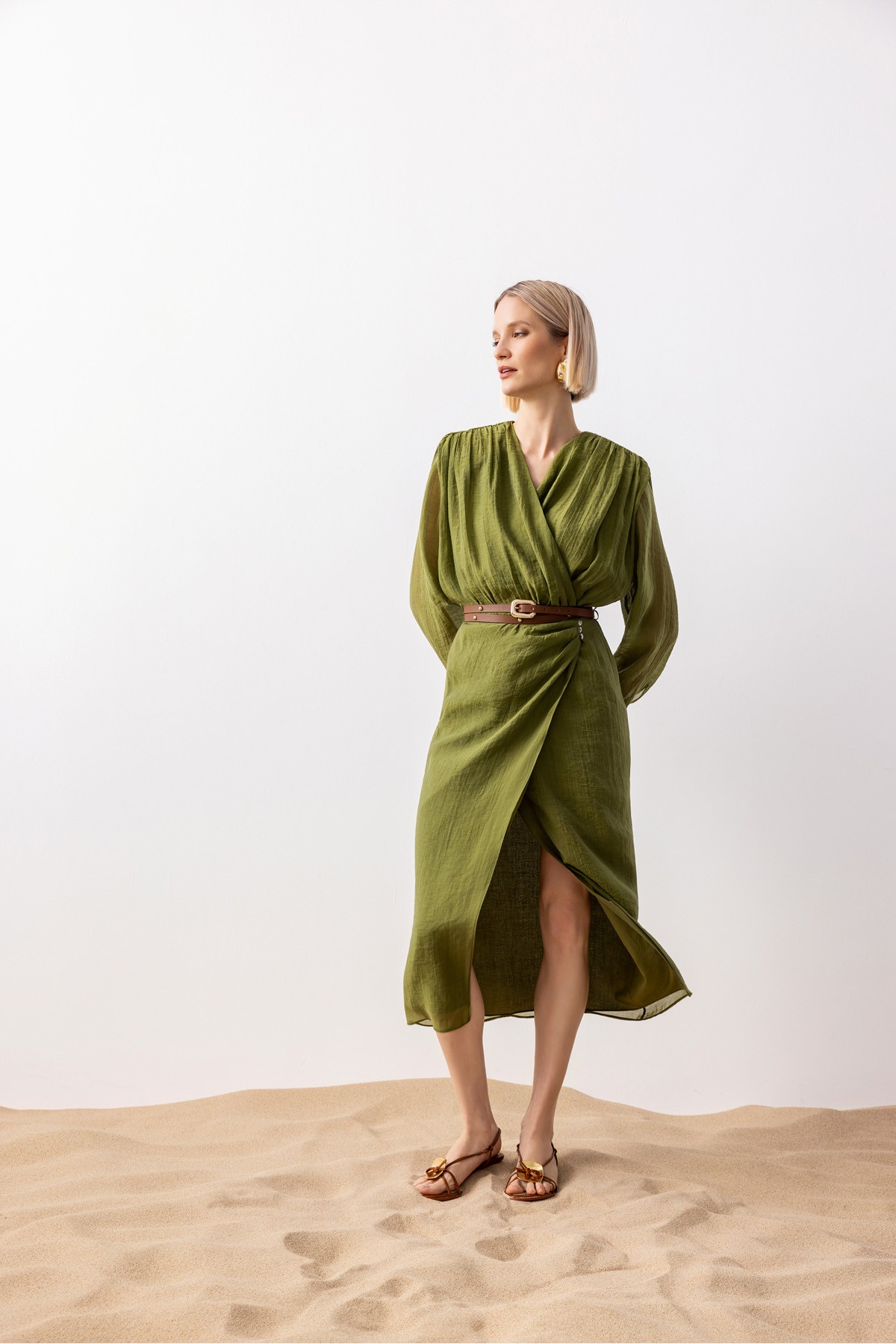 Kruvaze Midi Elbise Haki̇