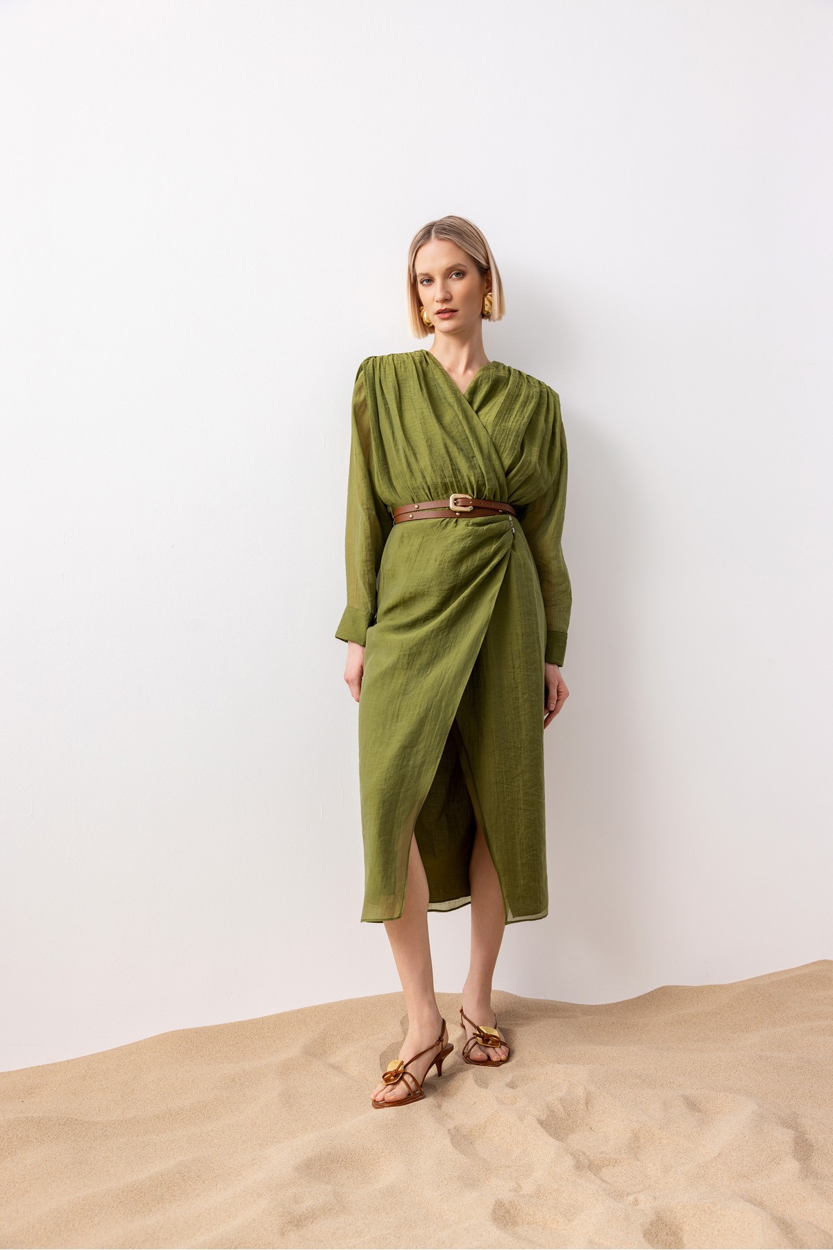 Kruvaze Midi Elbise Haki̇