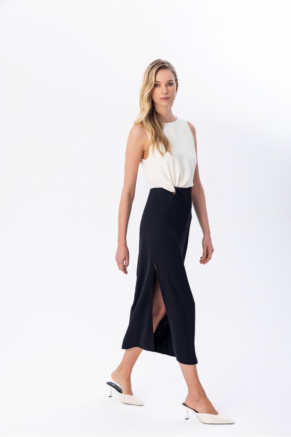 Kontrast Midi Elbise Krem/Siyah