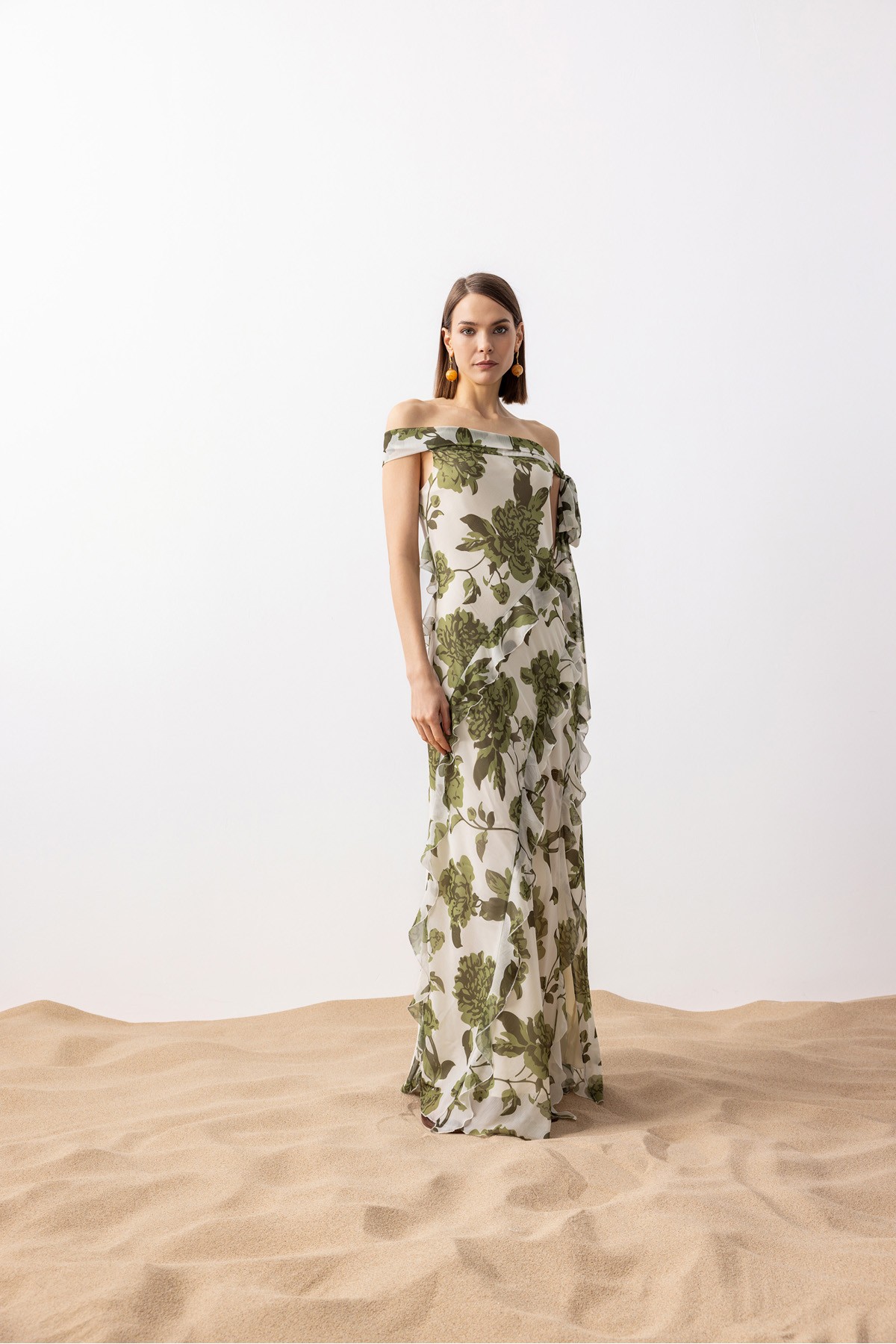 Bağlamalı Uzun Desenli Elbise Haki̇