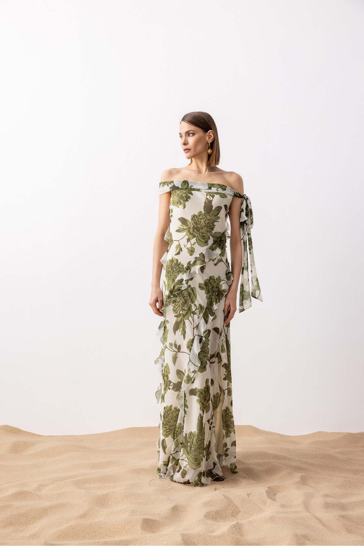 Bağlamalı Uzun Desenli Elbise Haki̇