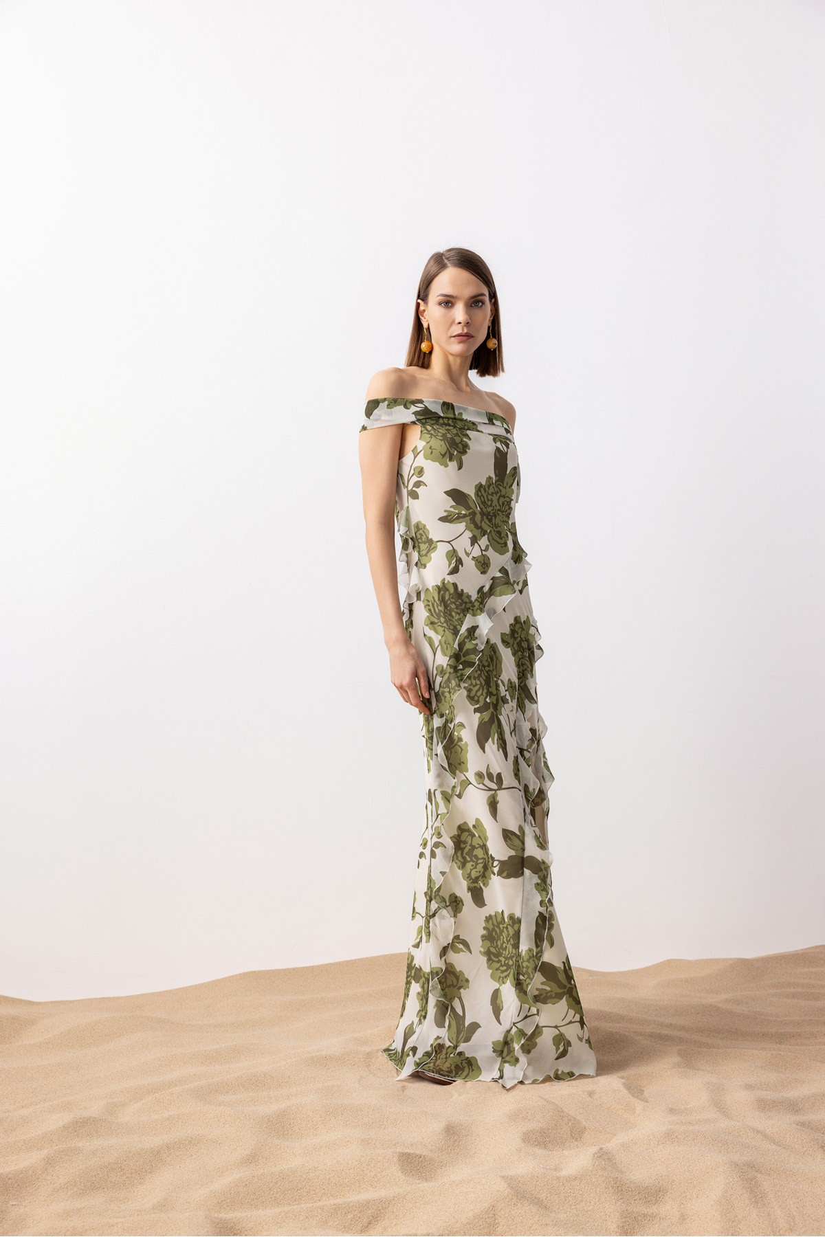 Bağlamalı Uzun Desenli Elbise Haki̇