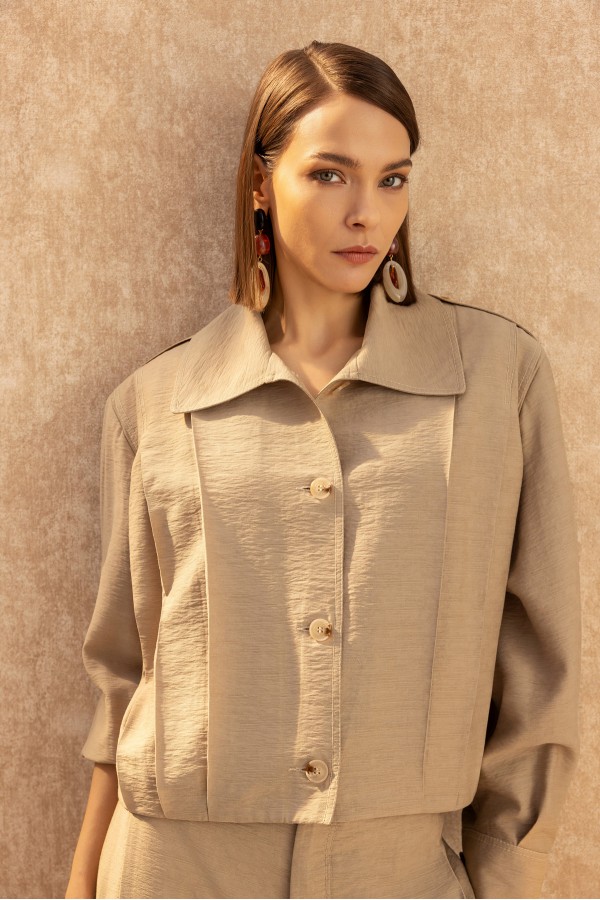 Gömlek Yaka Pileli Mont Bej