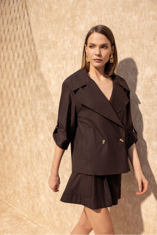 Kruvaze Çizgili Trençkot Kahve