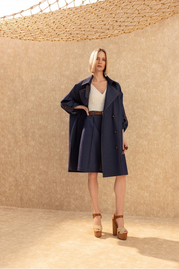 Kruvaze Uzun Trençkot Deni̇m