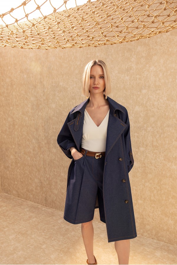 Kruvaze Uzun Trençkot Deni̇m