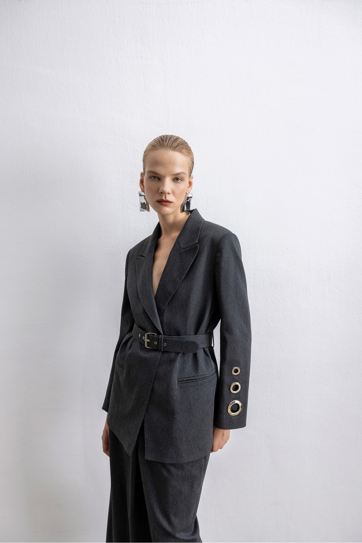 Kemerli Blazer Ceket Antrasit