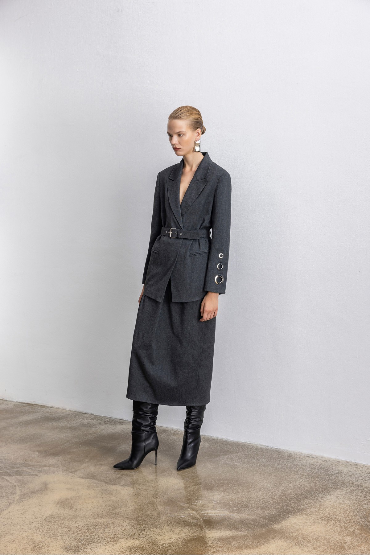 Kemerli Blazer Ceket Antrasit