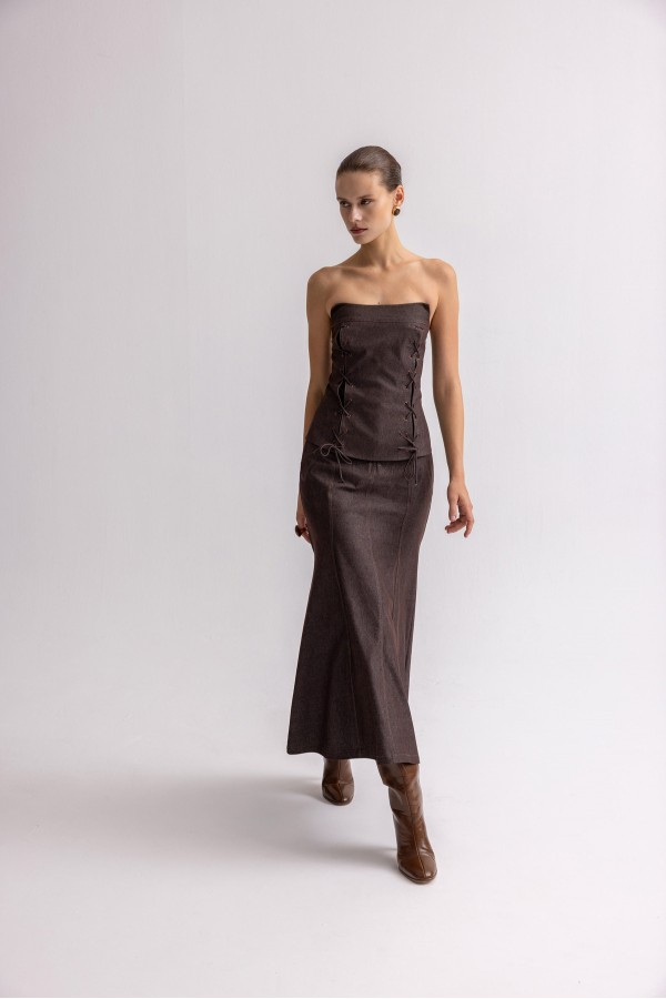 Denim Midi Etek Kahve