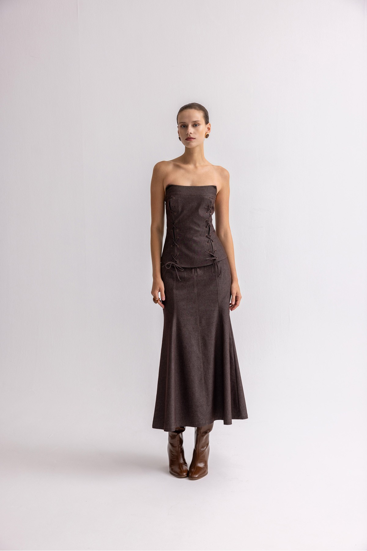 Denim Midi Etek Kahve