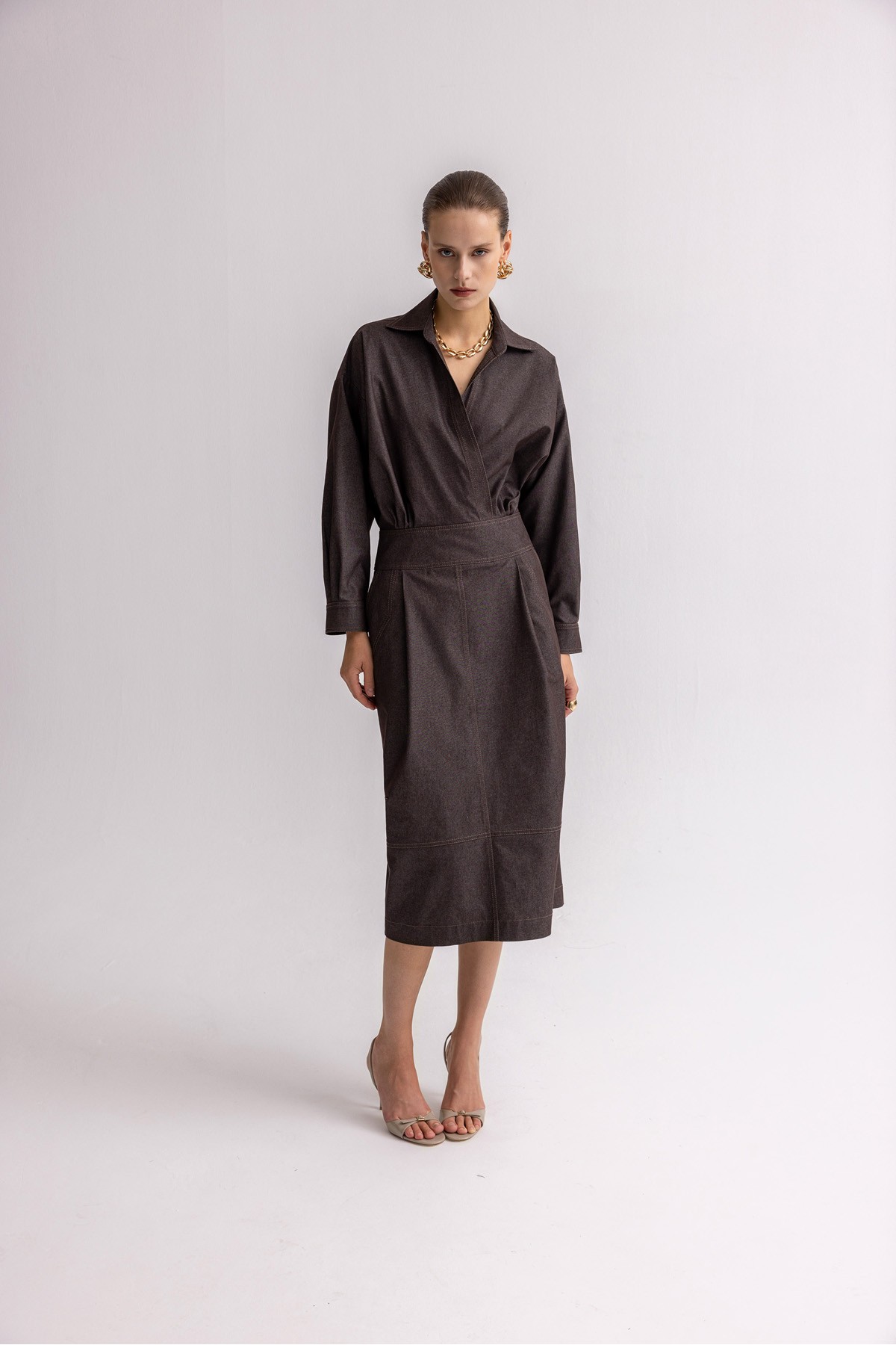 Kruvaze Denim Dress Kahve