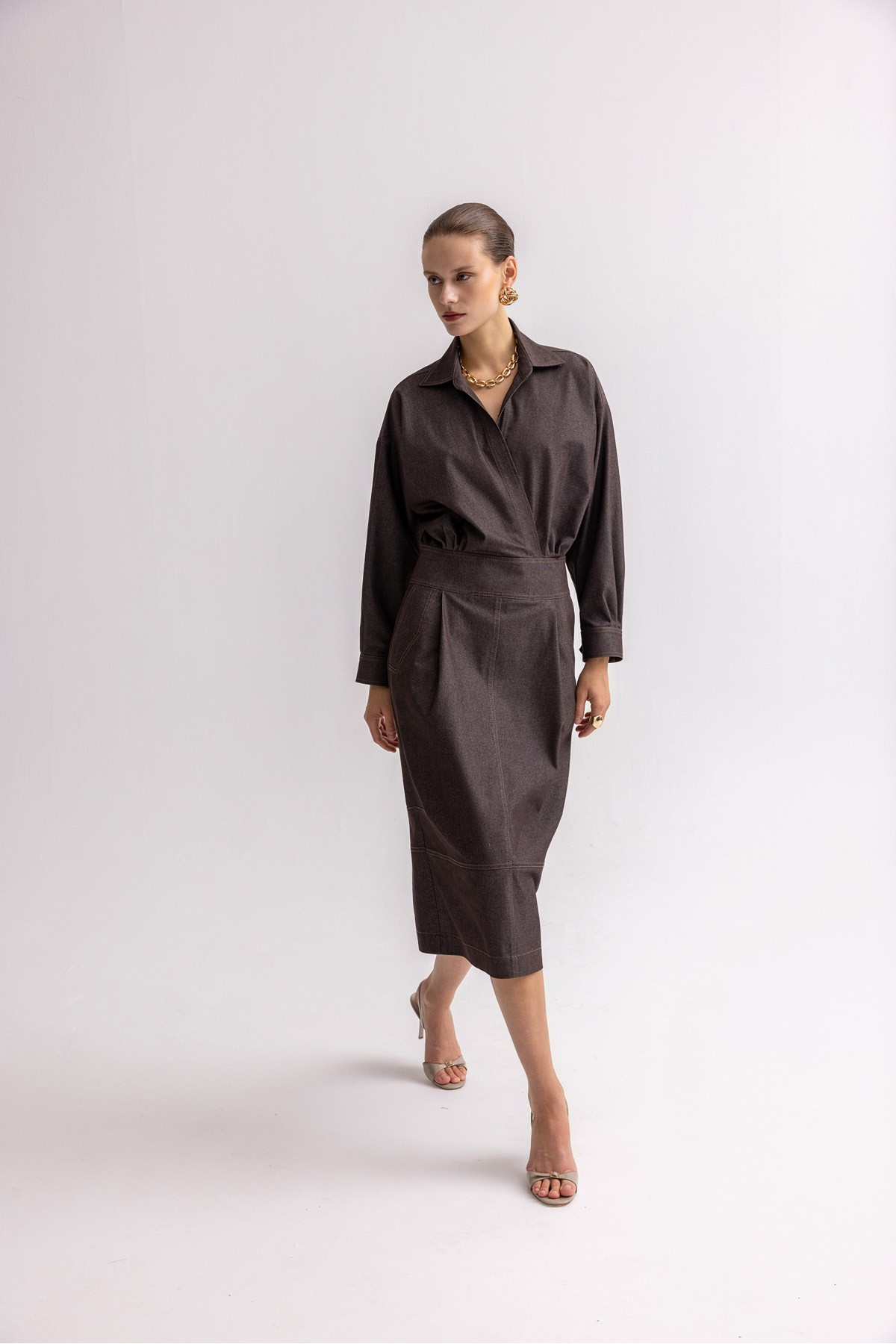 Kruvaze Denim Dress Kahve