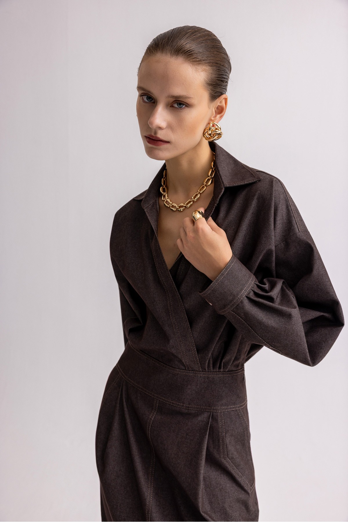 Kruvaze Denim Dress Kahve