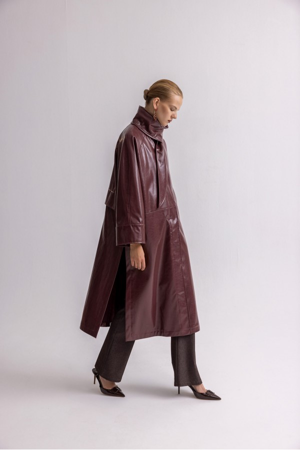 Yakası Bağlamalı Deri Maxi Trench Mürdüm